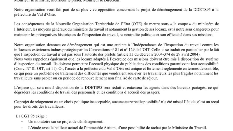 Intervention UD CGT 95 contre le déménagement de l’inspection du travail