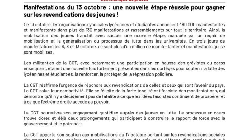 Manifestations du 13 octobre : une nouvelle étape réussie pour gagner sur les revendications des jeunes !