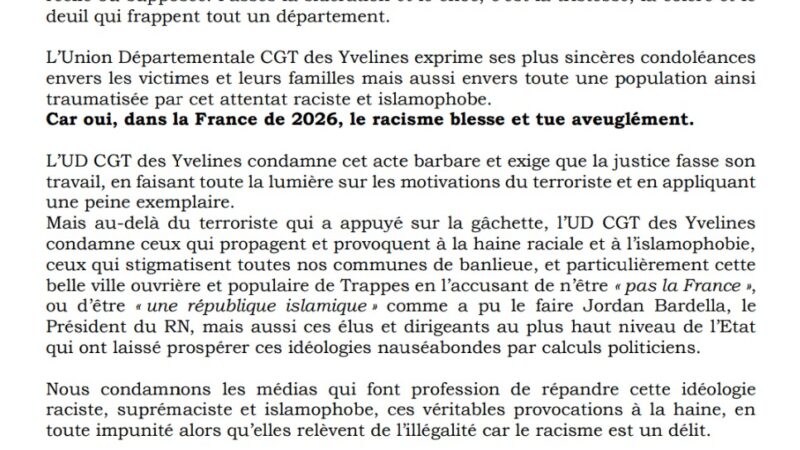 Lundi 26 octobre 19H place stalingrad, Paris et le 30 octobre 18H à Trappes: toutes et tous unis contre le racisme.